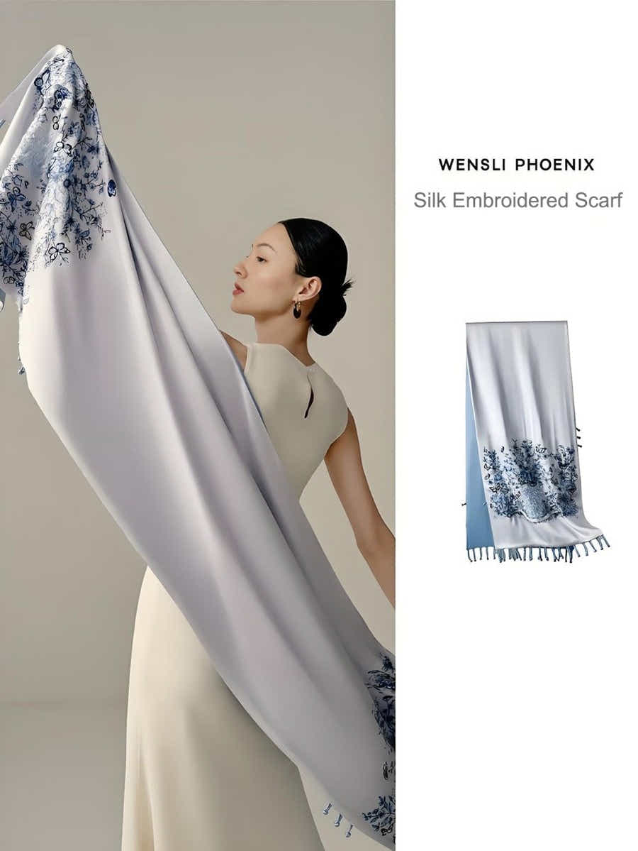 The Signature 19 - Momme Pure Silk Long Scarf (Dreaming with Painted Butterflies) - Yomkey