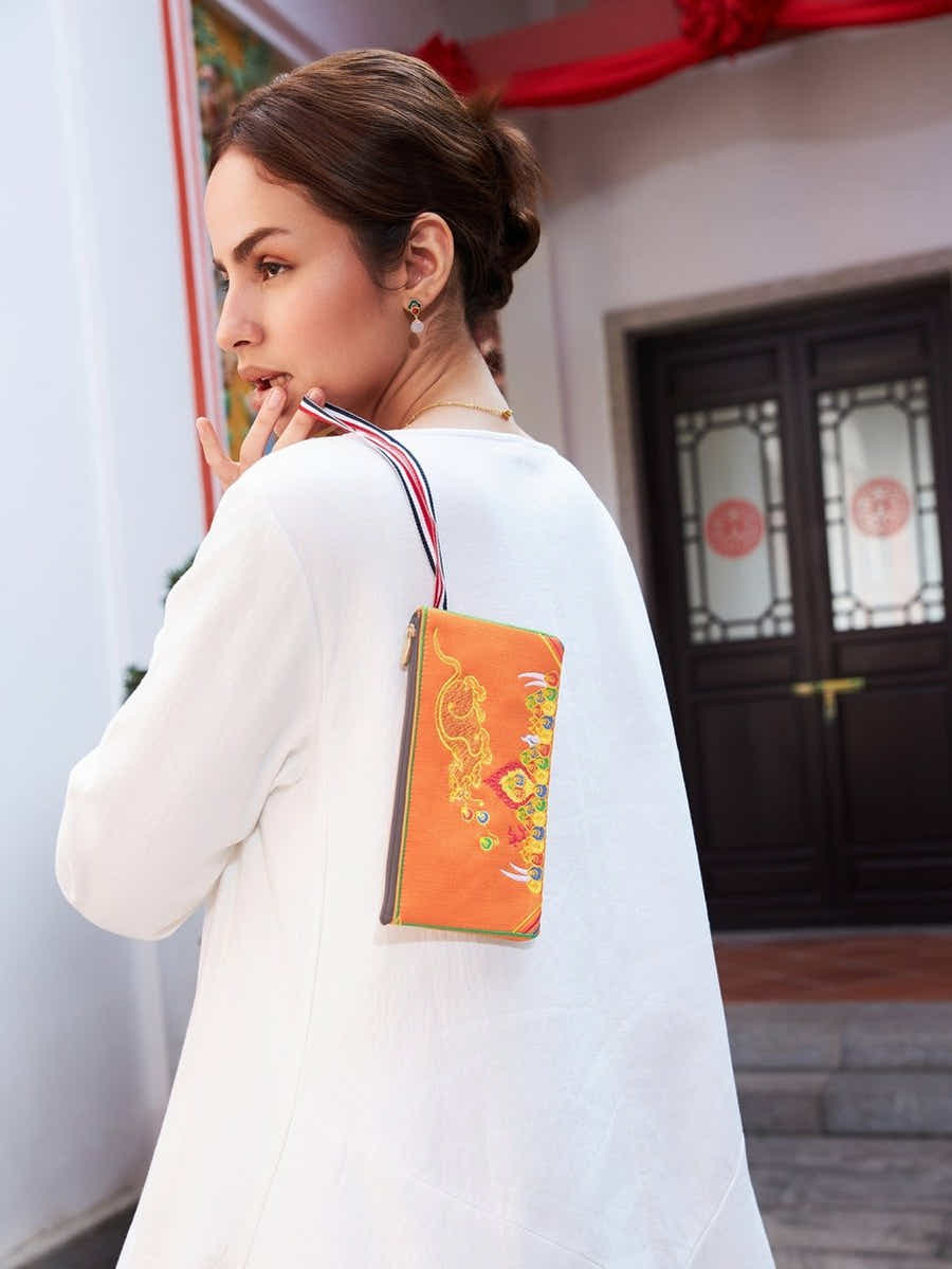 Vibrant Orange Embroidered Linen Tote: Tibetan Prosperity Symbol & Eco - Durable - Yomkey