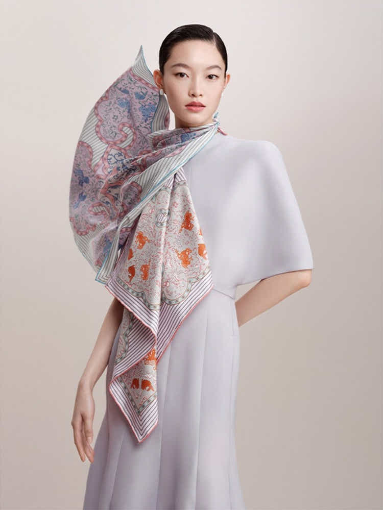 Wensli Elegance | 18 Momme Silk Scarf | Qilin & Deer Motif - Yomkey