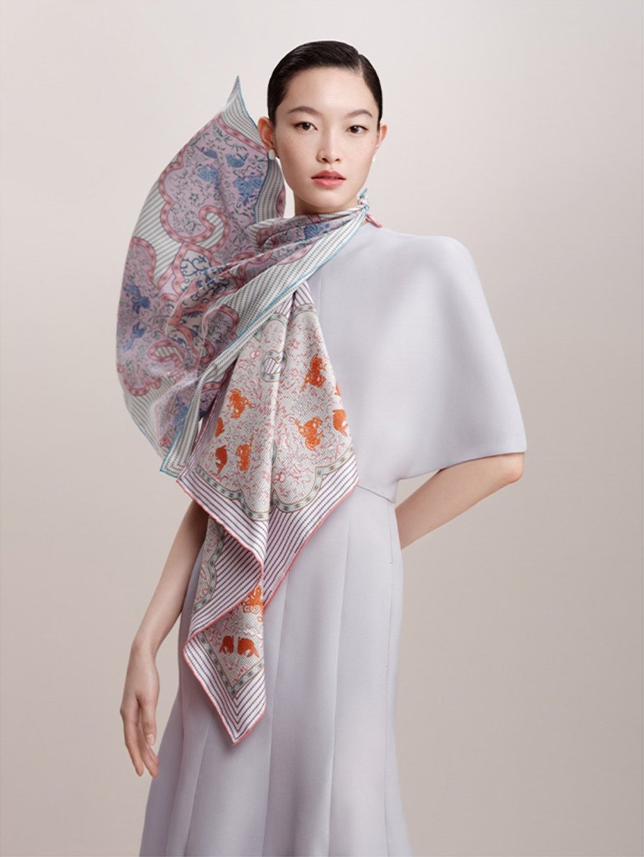 Wensli Elegance | 18 Momme Silk Scarf | Qilin & Deer Motif - Yomkey