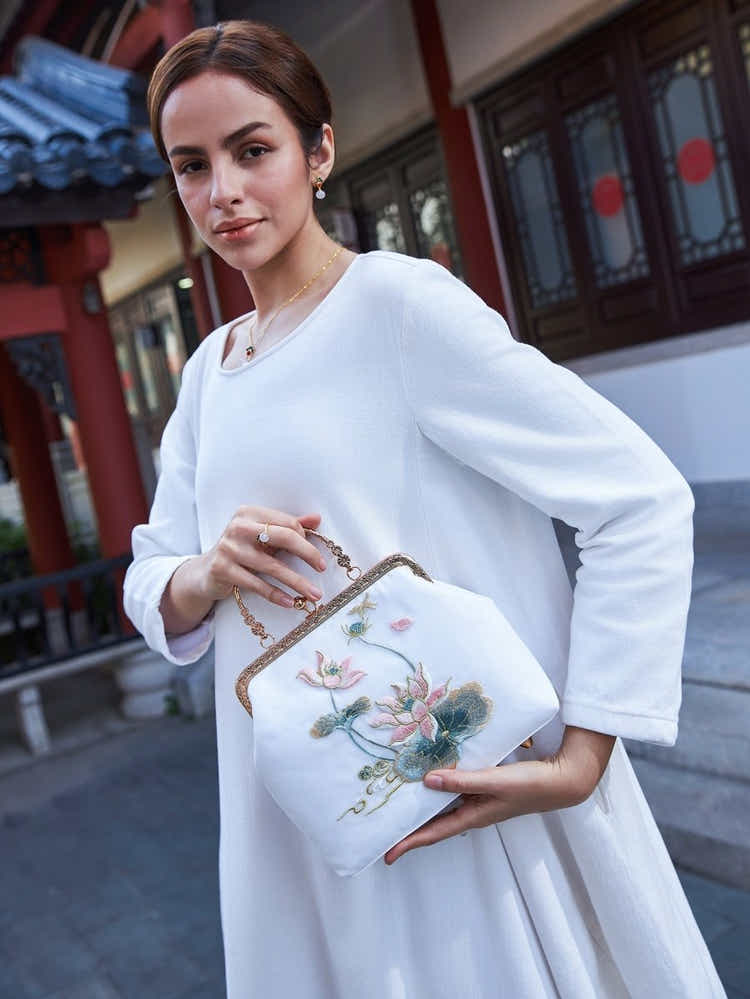 White Silk Clutch: Lotus Embroidery Art, Breathable & Pristine Luxury - Yomkey