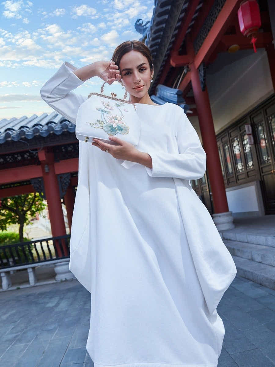 White Silk Clutch: Lotus Embroidery Art, Breathable & Pristine Luxury - Yomkey