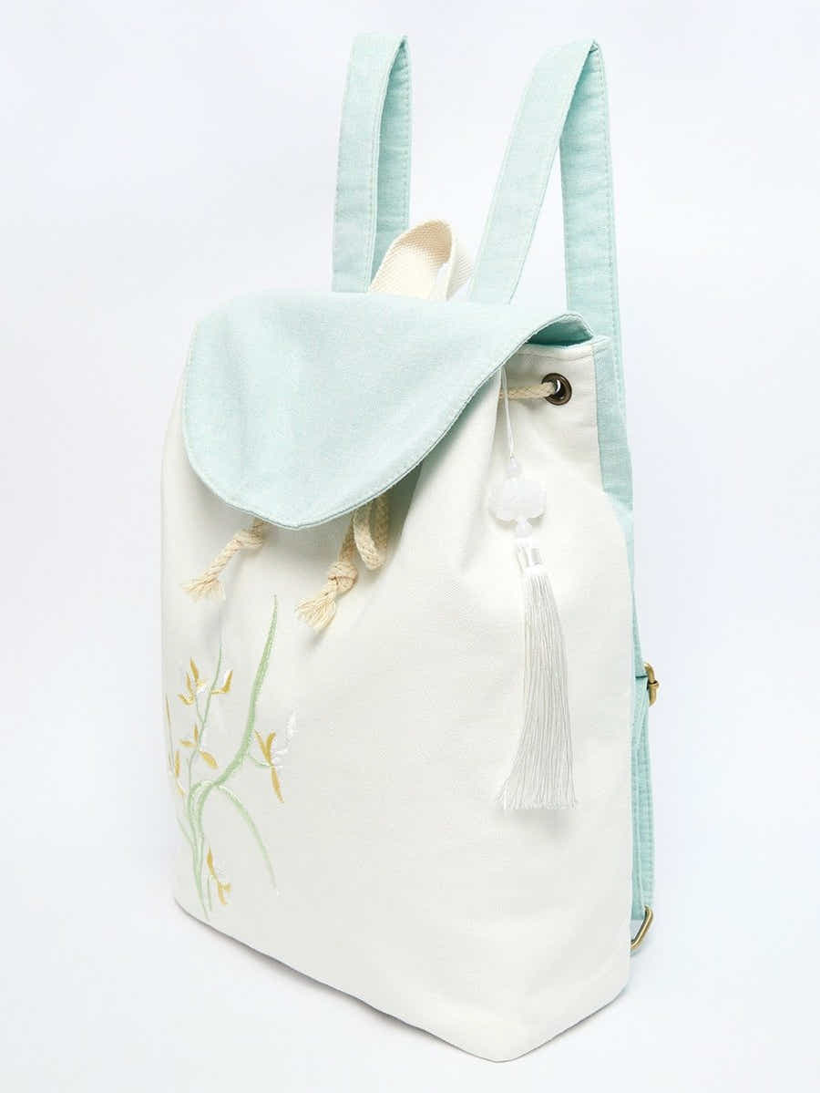 Yomkey Elegant Orchid Embroidered Linen Daypack | Eco-Friendly Backpack - Yomkey