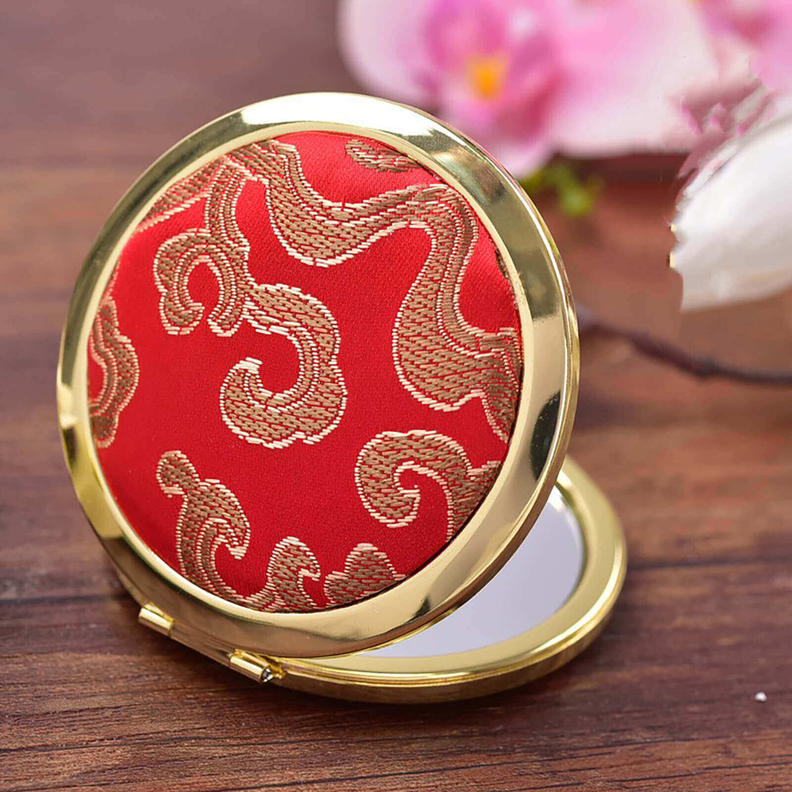 Elegant Sichuan Brocade Flip Compact Mirror – Timeless Beauty at Your Fingertips