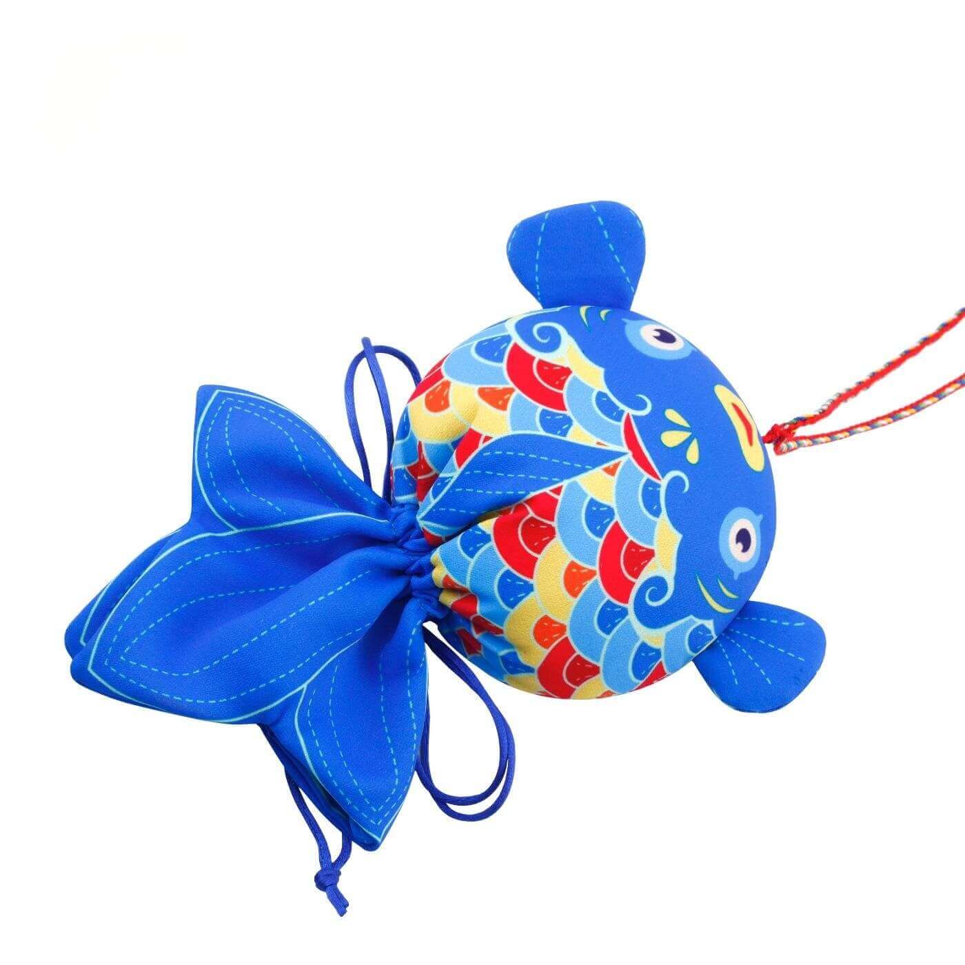 Handcrafted blue Koi Fish Sachet with colorful scales symbolizing prosperity and health benefits.