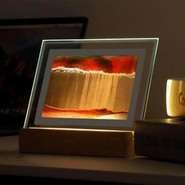 Soothing Sands 3D Night Light displaying mesmerizing shifting landscapes on a wooden base, perfect for creating a tranquil home environment