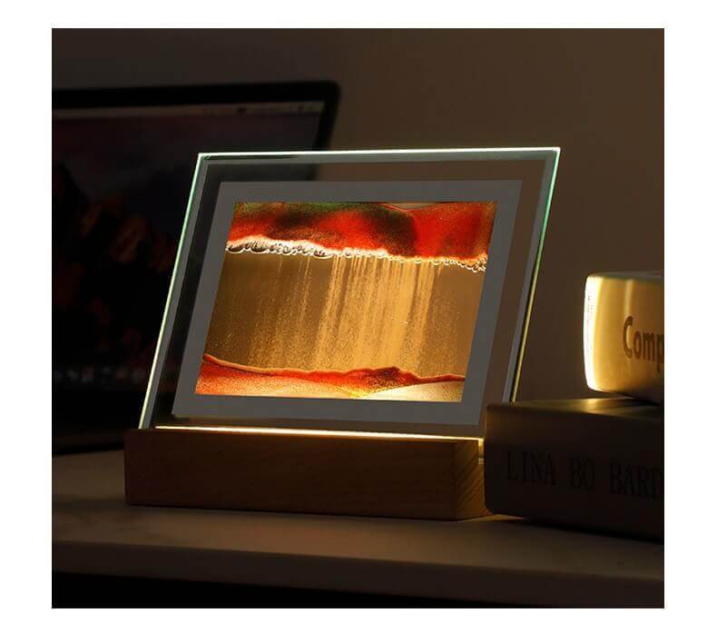 Soothing Sands 3D Night Light displaying mesmerizing shifting landscapes on a wooden base, perfect for creating a tranquil home environment