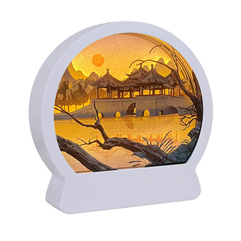 3D Chinese papercut night lamp with traditional bridge and sunset scene, perfect for home decoration and cultural flair.