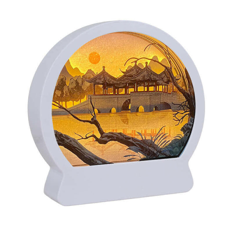 3D Chinese papercut night lamp with traditional bridge and sunset scene, perfect for home decoration and cultural flair.