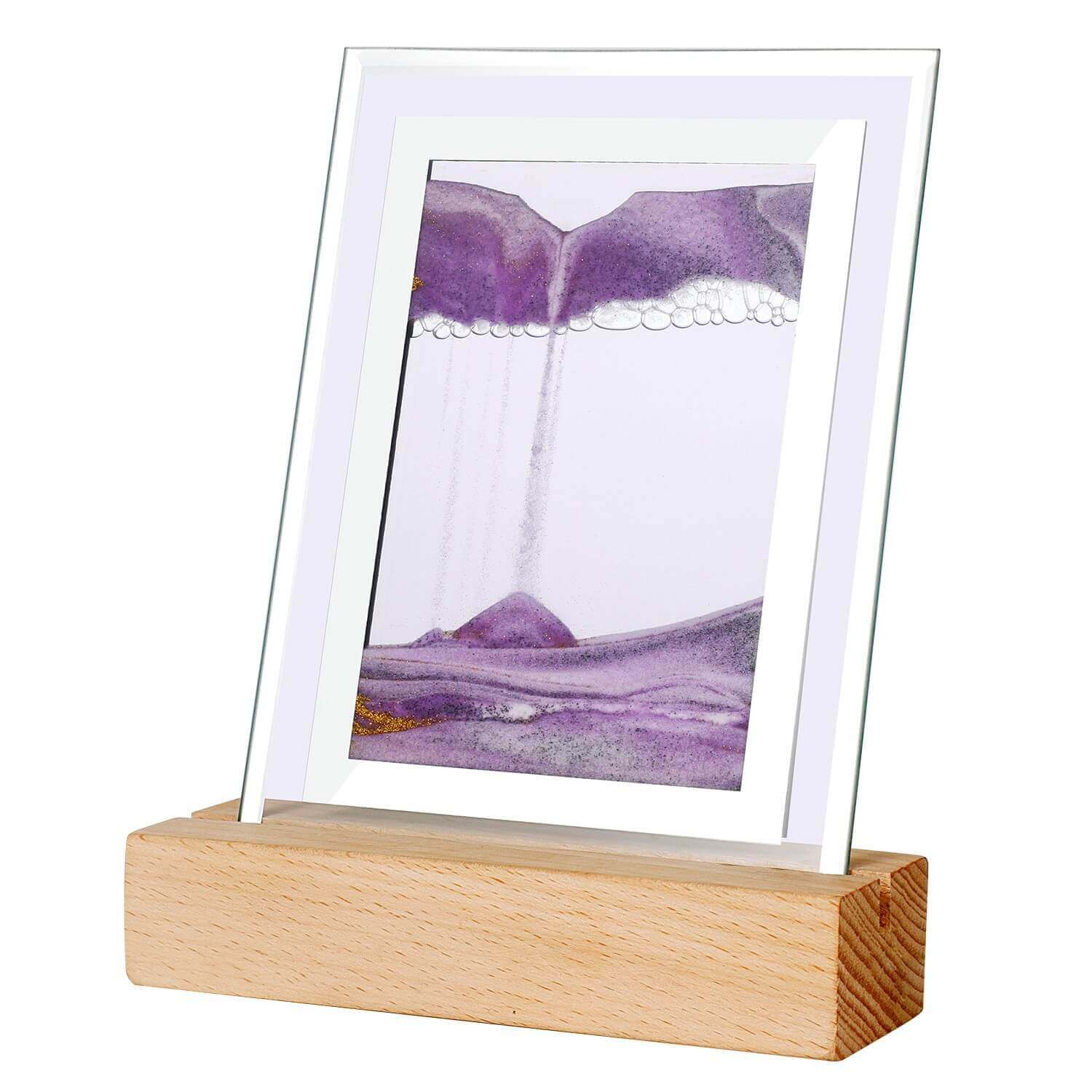 Soothing Sands 3D Night Light with shifting purple landscapes in wooden base, eco-friendly calming art piece for serene home ambiance