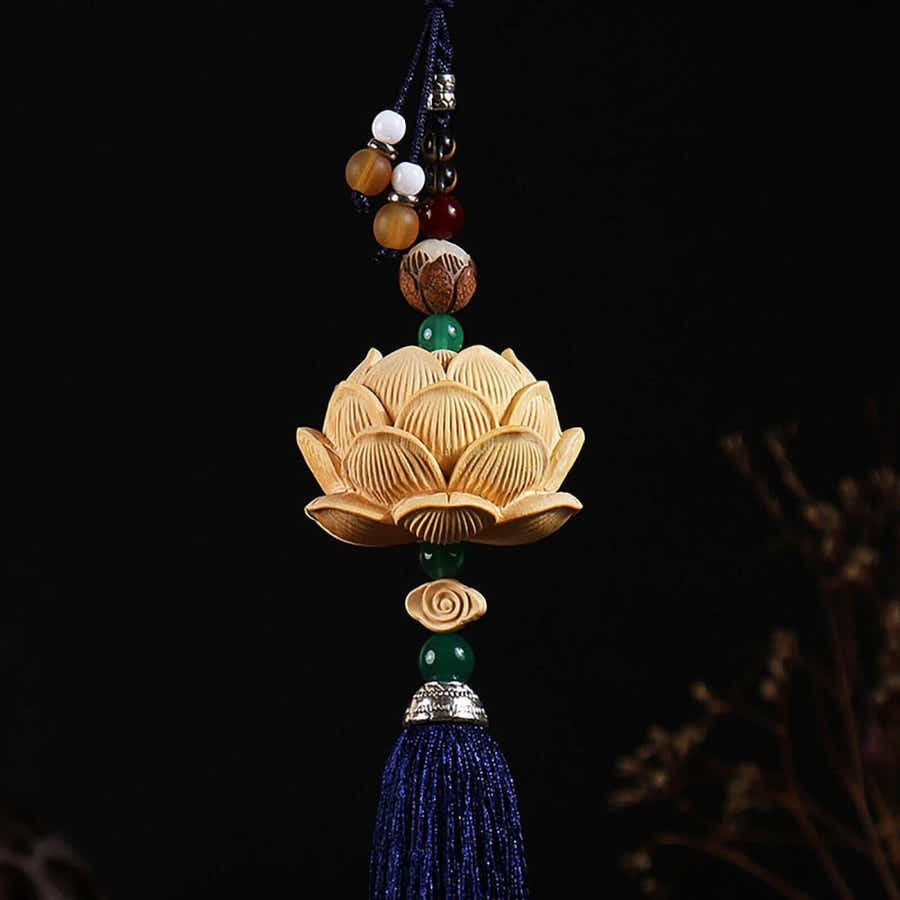 Master - Crafted Boxwood Lotus Car Hanging - Serenity in Motion - Yomkey